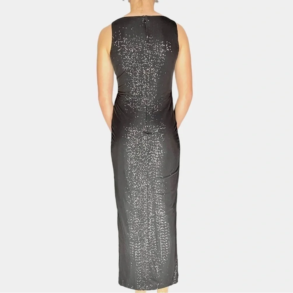 LAUREN RALPH LAUREN EVENING CASCADE SEQUIN COLUMN FAUX WRAP SHEATH GOWN DRESS
